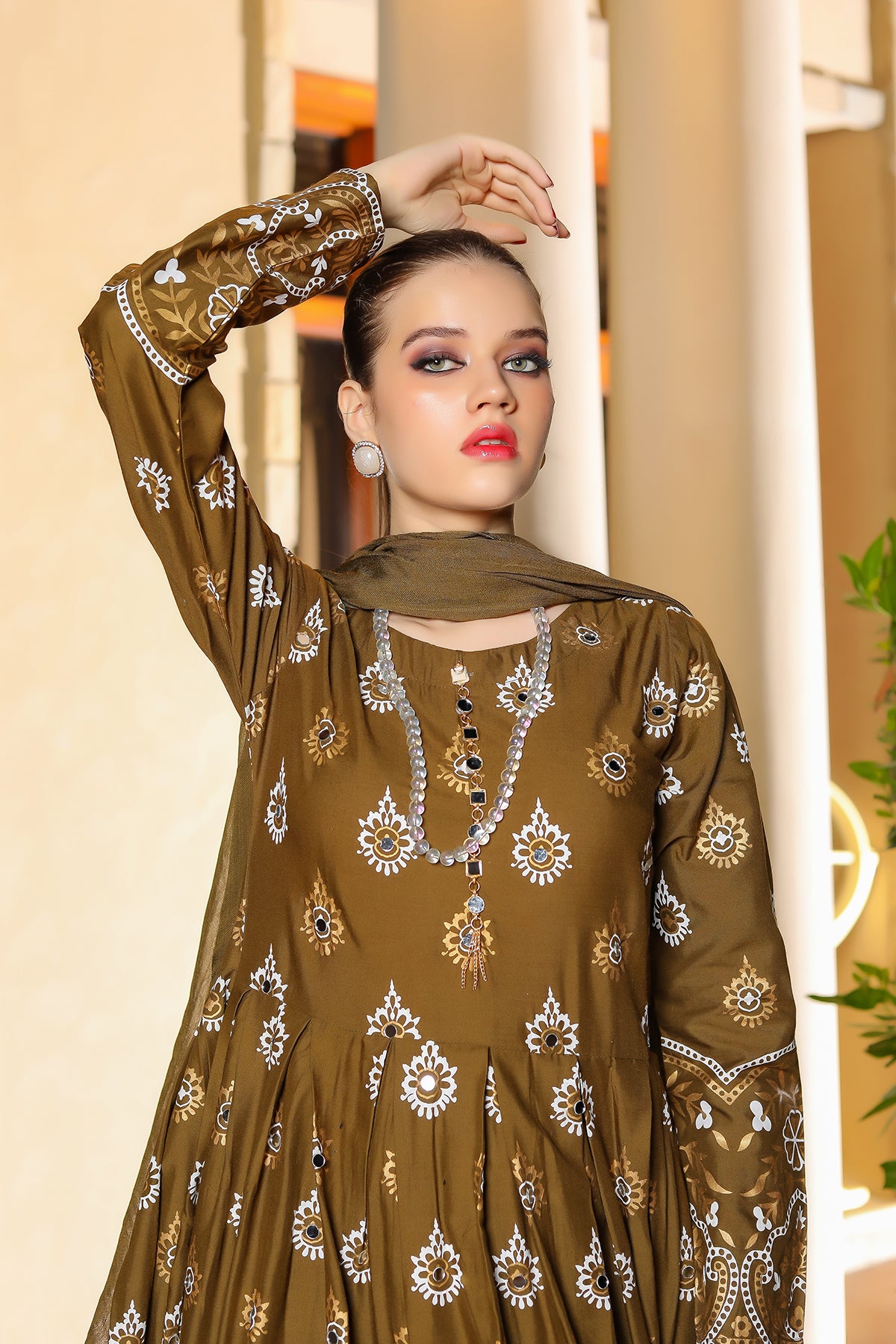 HK236 Subhan - Olive Readymade Linen Dress - Memsaab Online