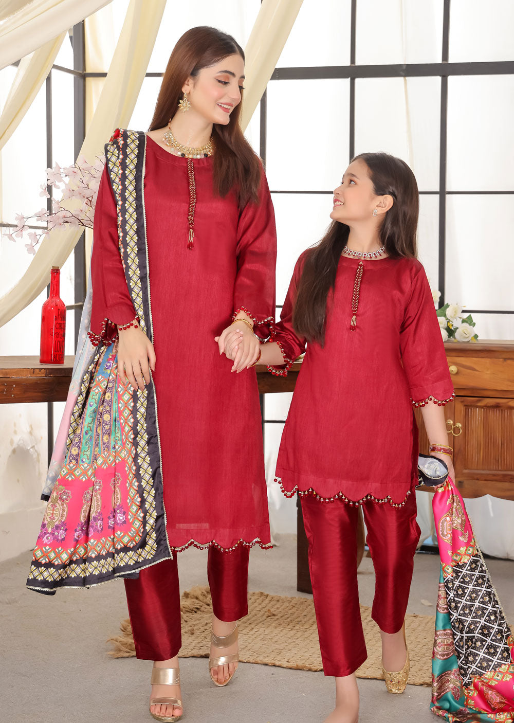 HK265 Zarora - Maroon Readymade Raw Silk Mummy n Me Suit - Memsaab Online