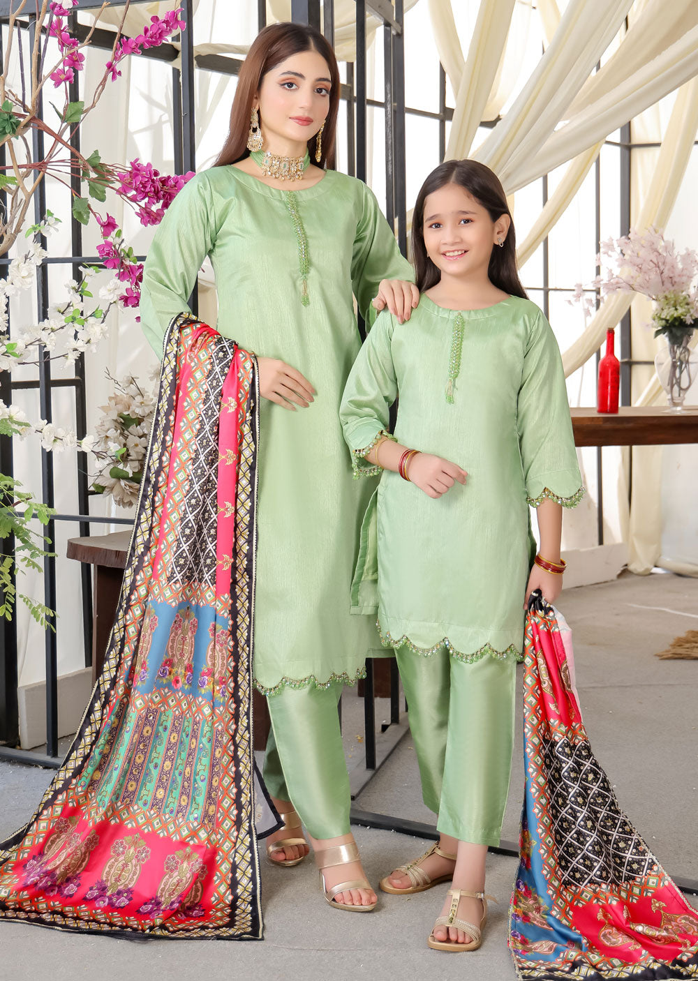 HK265 Zarora - Green Readymade Raw Silk Mummy n Me Suit - Memsaab Online