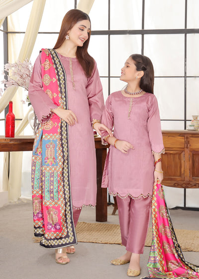 HK265 Zarora - Pink Readymade Raw Silk Mummy n Me Suit - Memsaab Online