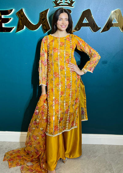 HK269 Zarifa - Mustard Readymade Organza Suit - Memsaab Online