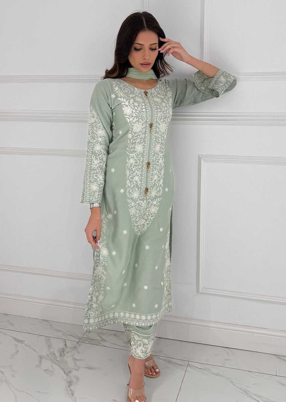 HK271 Jabeen - Mint Linen Oufit - Memsaab Online