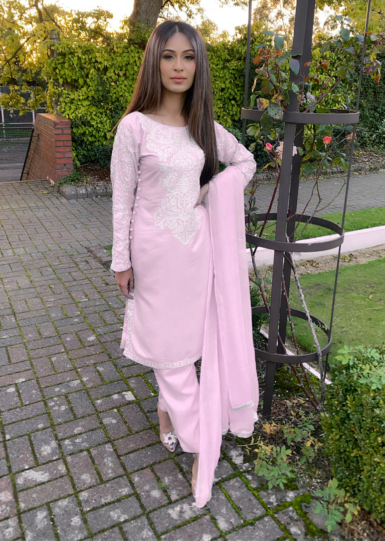 HK29 Readymade Baby Pink Mother & Daughter Linen Suit - Memsaab Online