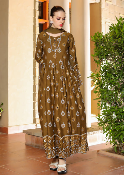 HK236 Subhan - Olive Readymade Linen Dress - Memsaab Online