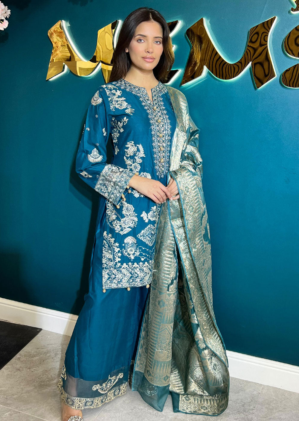 HSS-148 - Readymade Teal Cotton Suit - Memsaab Online