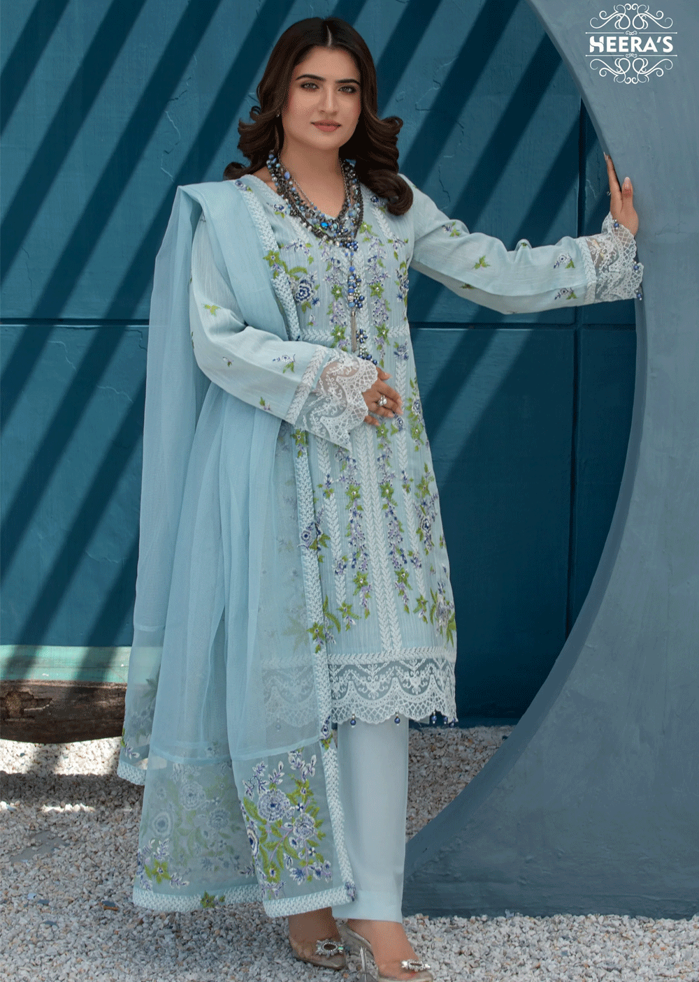 HSS-198 - Readymade - Luxury Sky Aroob Embroidered Suit - Memsaab Online