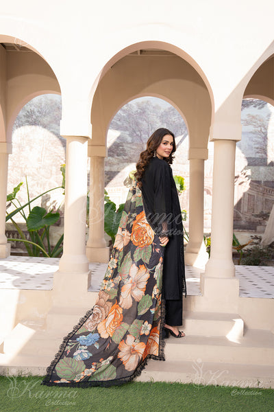 KC-1344 Readymade Black Karma Chickenkari Lawn Suit - Memsaab Online