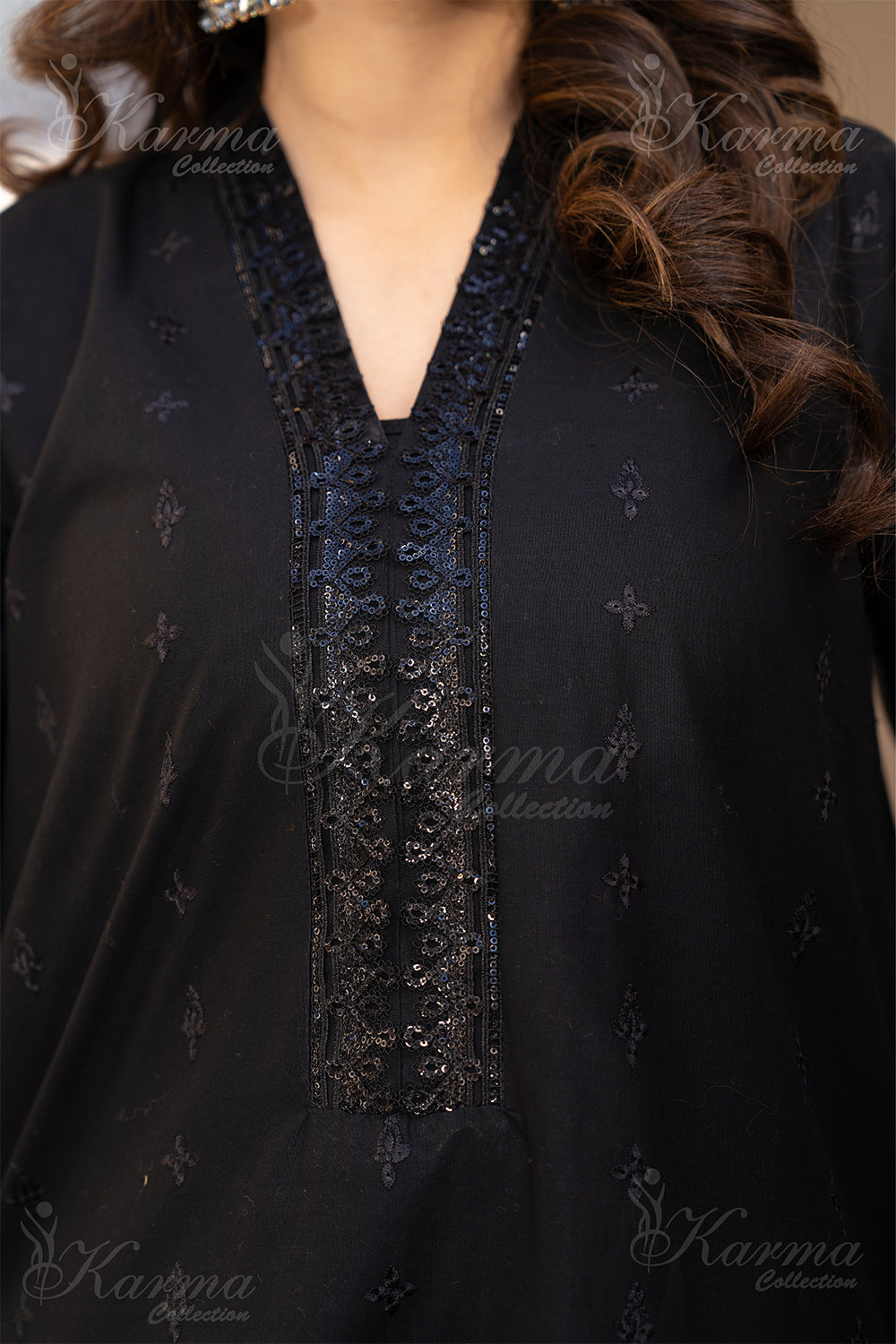 KC-1344 Readymade Black Karma Chickenkari Lawn Suit - Memsaab Online