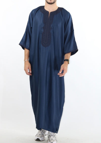 MRC008 Navy Premium Moroccan Embroidered Thobe - Memsaab Online