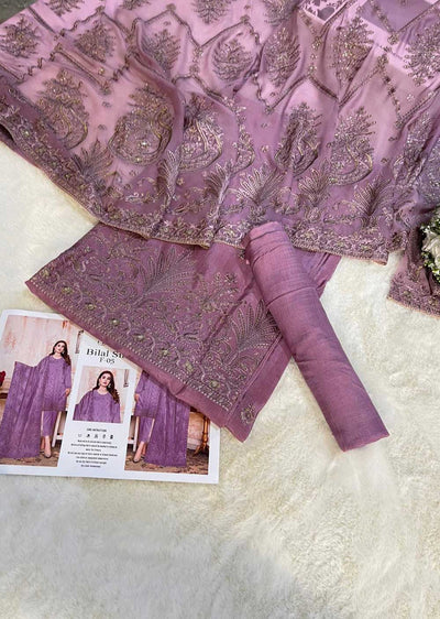 F-05 - Lilac Unstitched Silk/Chiffon Suit - Memsaab Online
