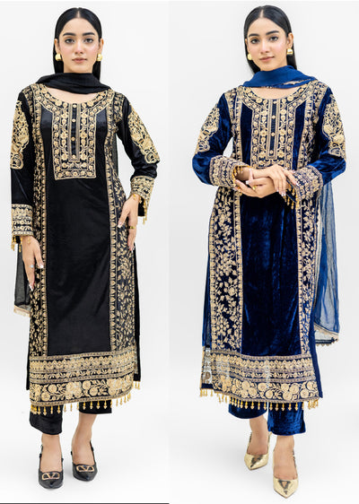 ROZ-01-R - Readymade - Rangz Luxury winter Velvet Suit 2025 - Memsaab Online