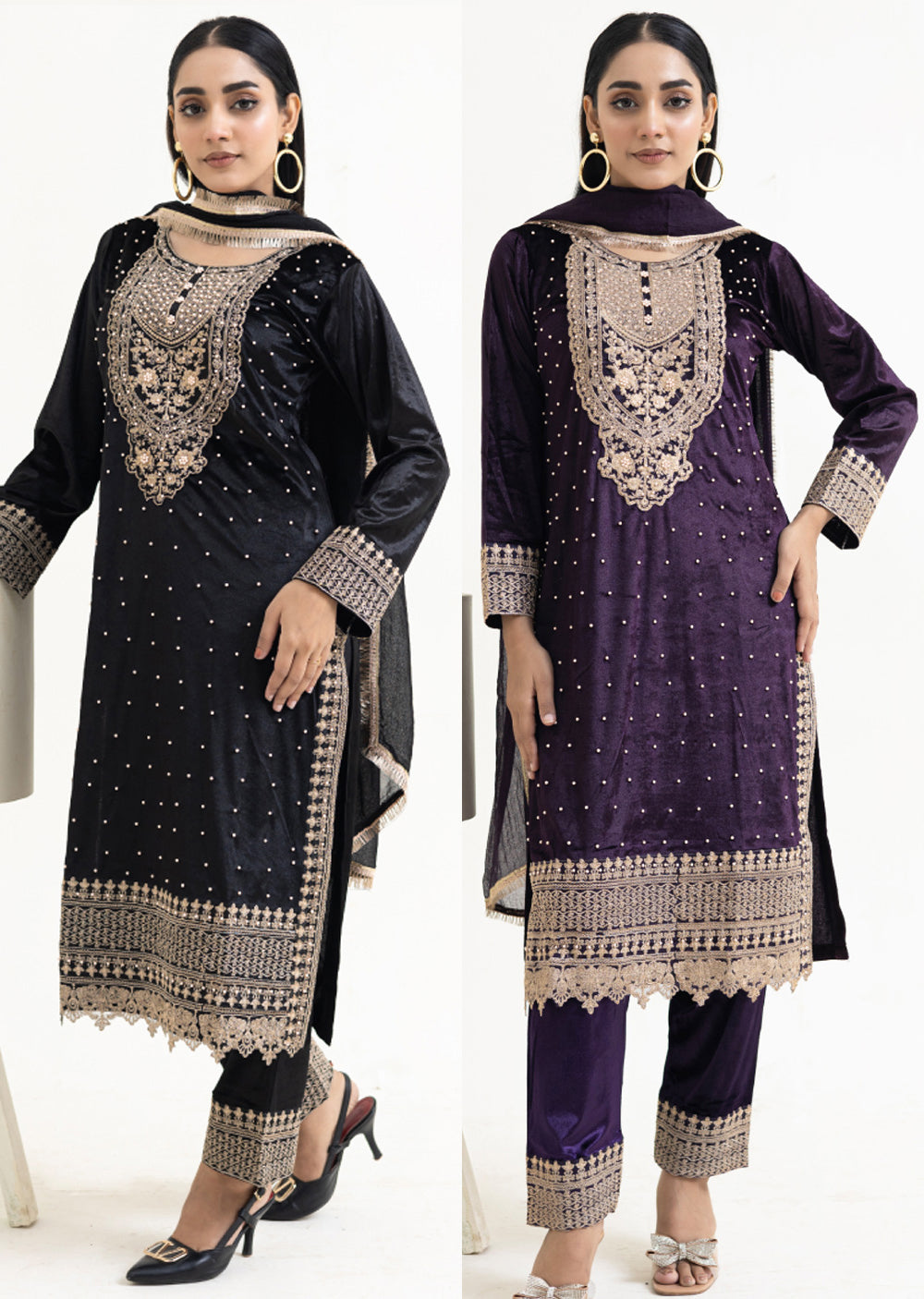 RTZ-01-R - Readymade - Rangz Winter Embroidered Signature Velvet Suit 2025 - Memsaab Online