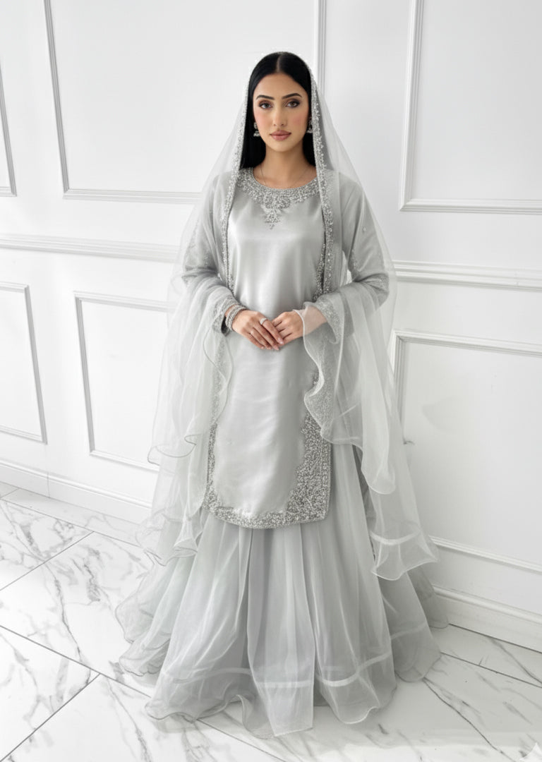SRB1409-Readymade Grey Le Roux - Wedding Sharara Dress - Memsaab Online