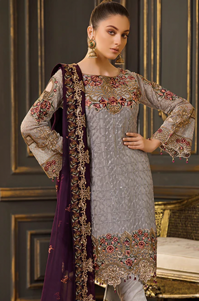 D-202 - Grey Ramsha Chiffon Dress - Memsaab Online