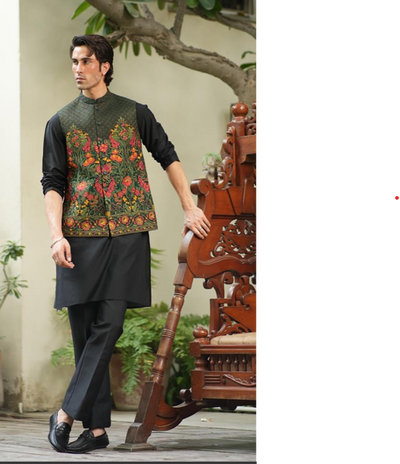 W-2899-1 - Readymade Maysori Fabric Full Embroidery Waistcoat - Memsaab Online