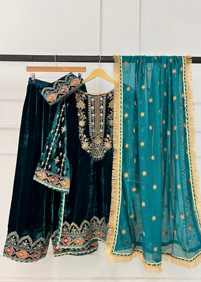 RK6102 - Teal Readymade Velvet Suit - Memsaab Online