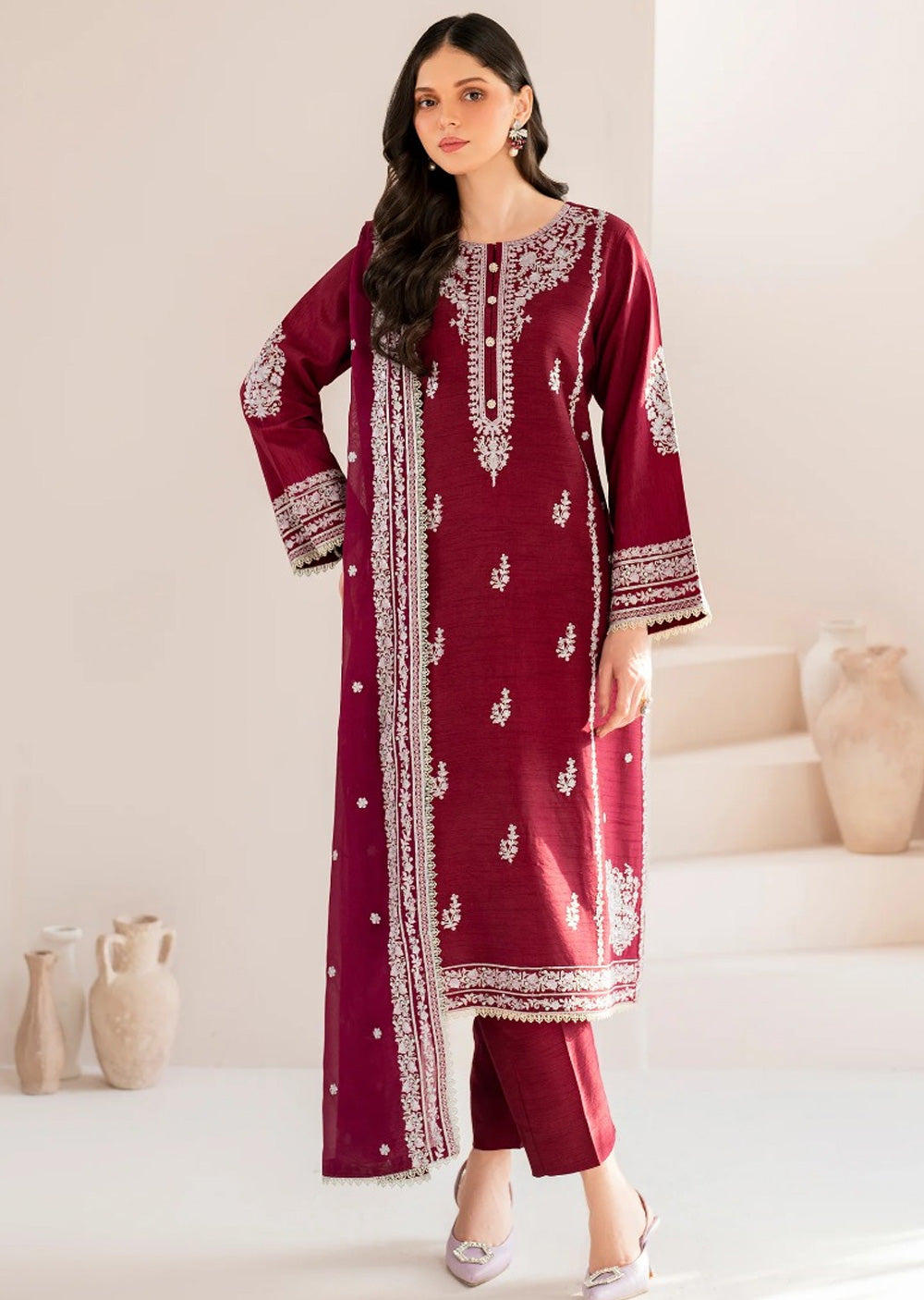 GNT-5003 - Rosette Garnet - Readymade 3 Piece Silk Suit - Memsaab Online
