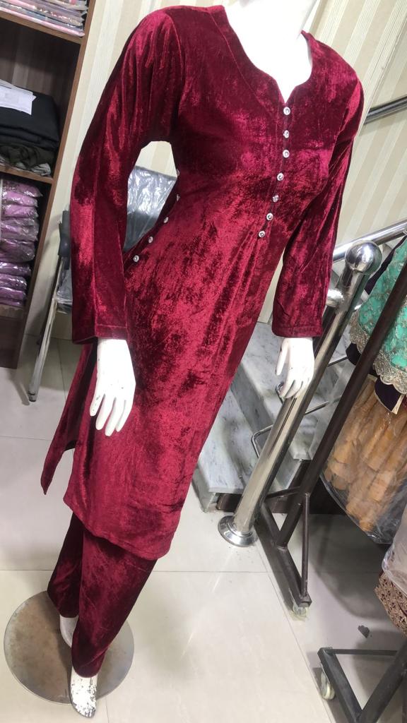 BP1203 Maroon Readymade 2 piece Velvet Suit - Memsaab Online