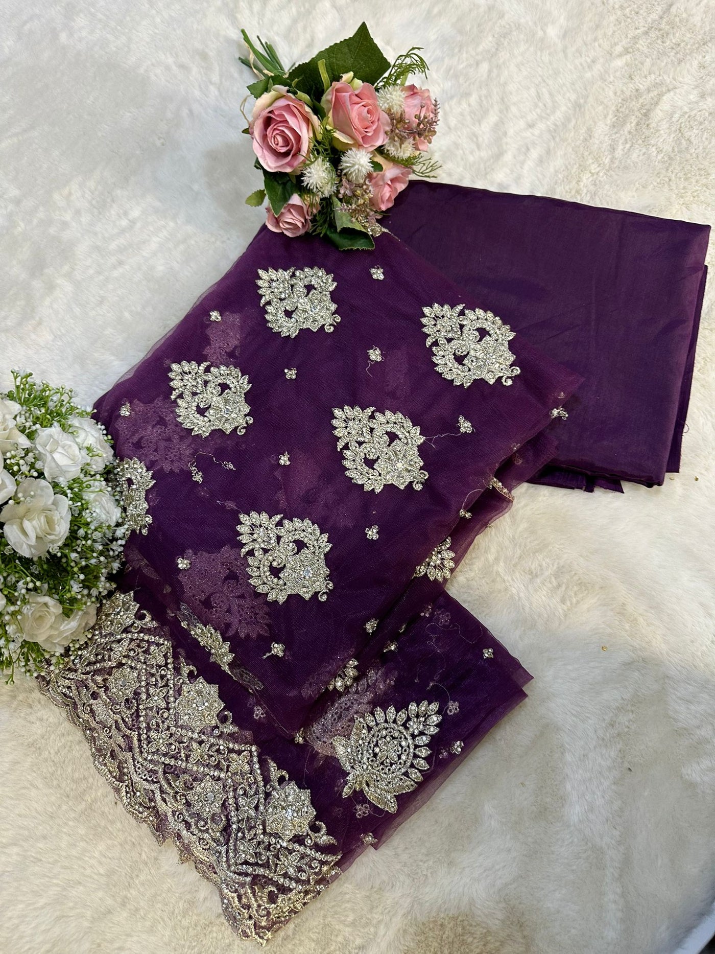 OP6433 Purple Unstitched Net Suit - Memsaab Online