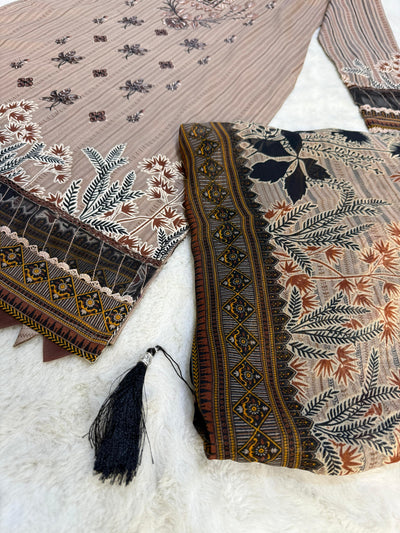 MDNA-12 - Light Brown Embroidered Lawn Outfit - Memsaab Online