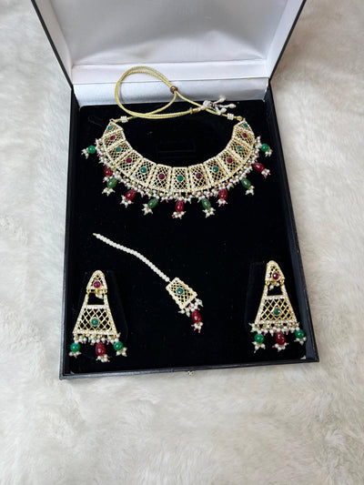 Mahrukh -Maroon/Green- Aari Gold Plated Necklace Set with Fresh Water Pearls - Memsaab Online