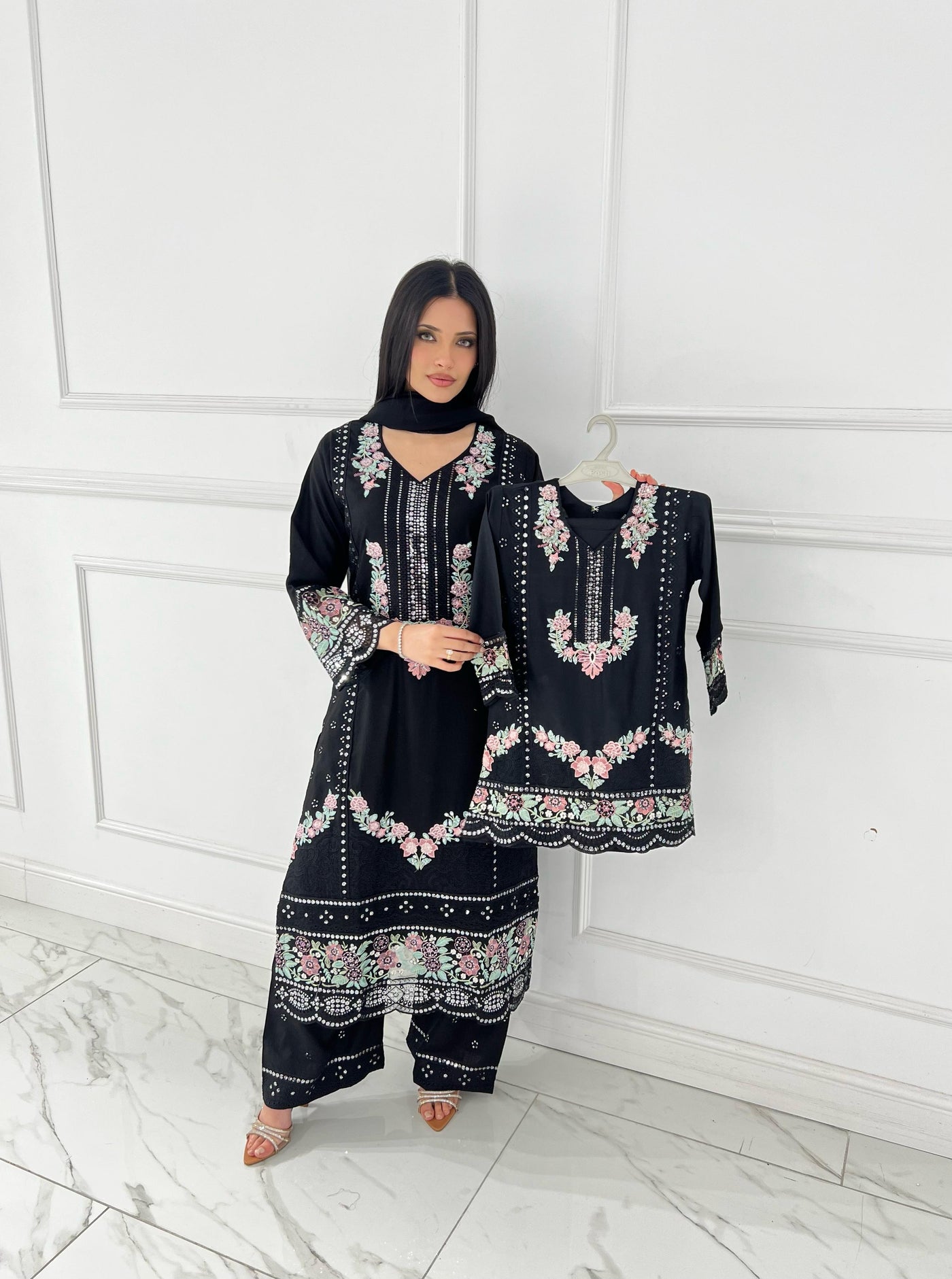 SHAZ9007 Chiffon Embroidered Mummy n Me Suits - Memsaab Online
