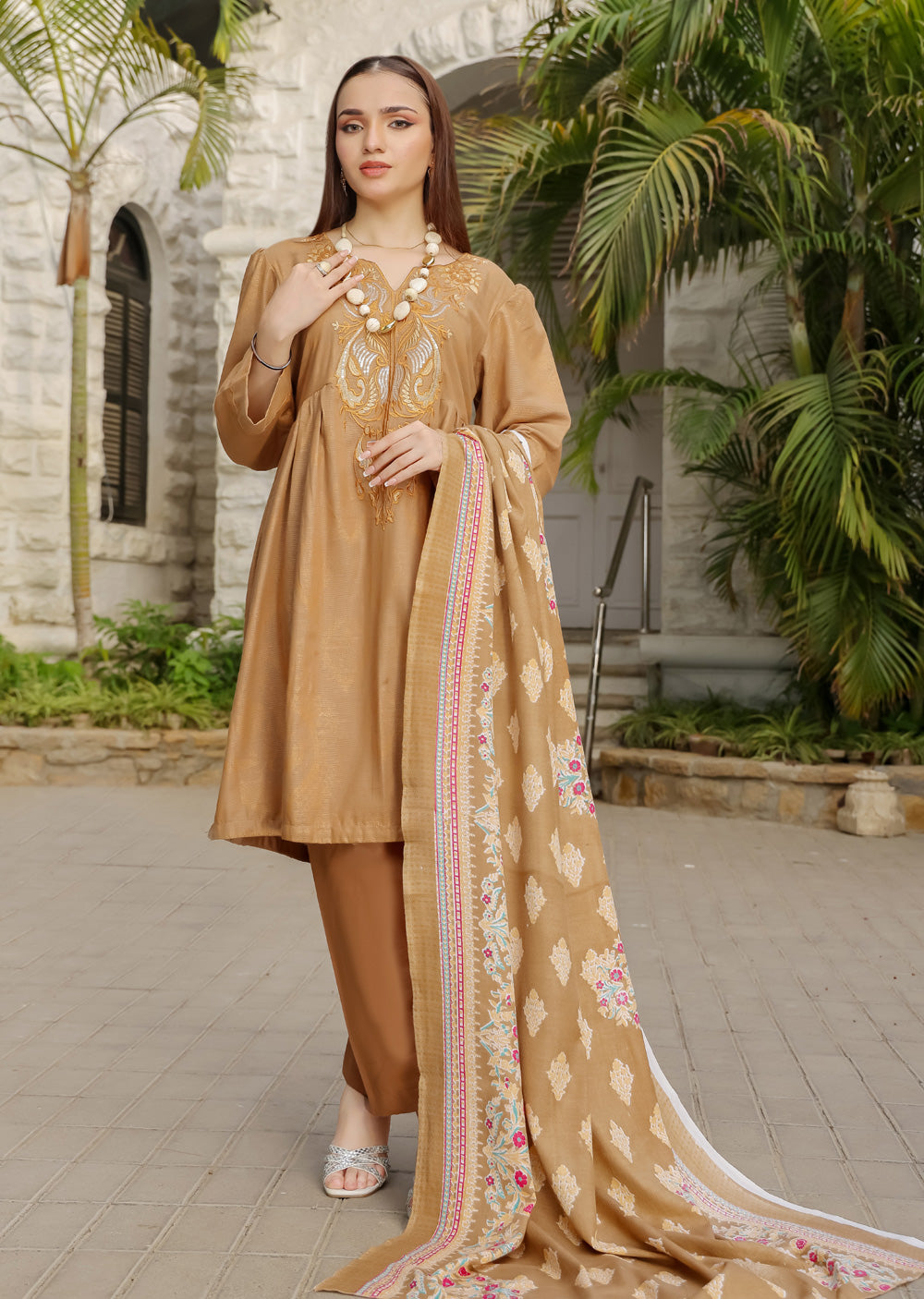 AMT5113 - Brown Readymade Linen Shawl Suit - Memsaab Online