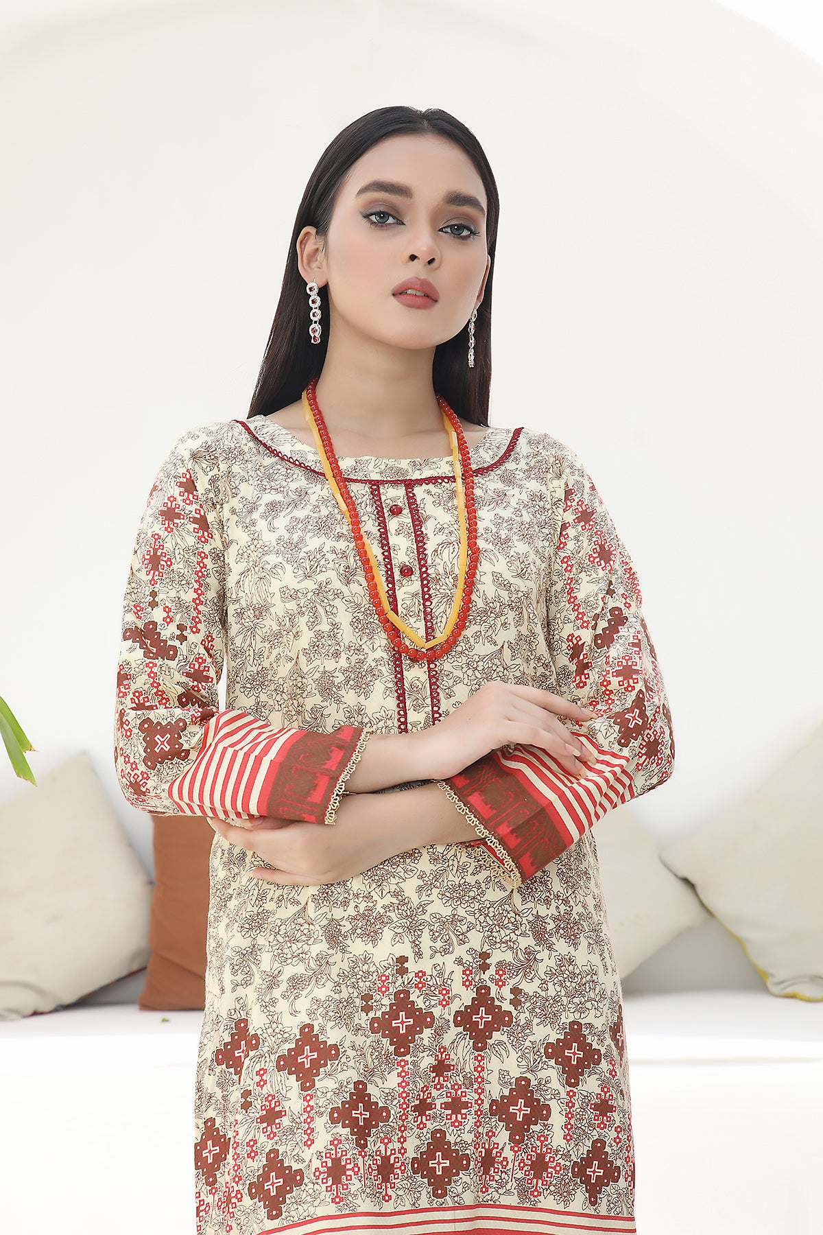 AMT42002 Saleha - Gold/Red Lawn Kurti - Memsaab Online