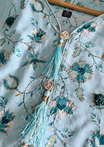 ASF9003 Sheikha Aqua Readymade Rayon Printed Gown - Memsaab Online