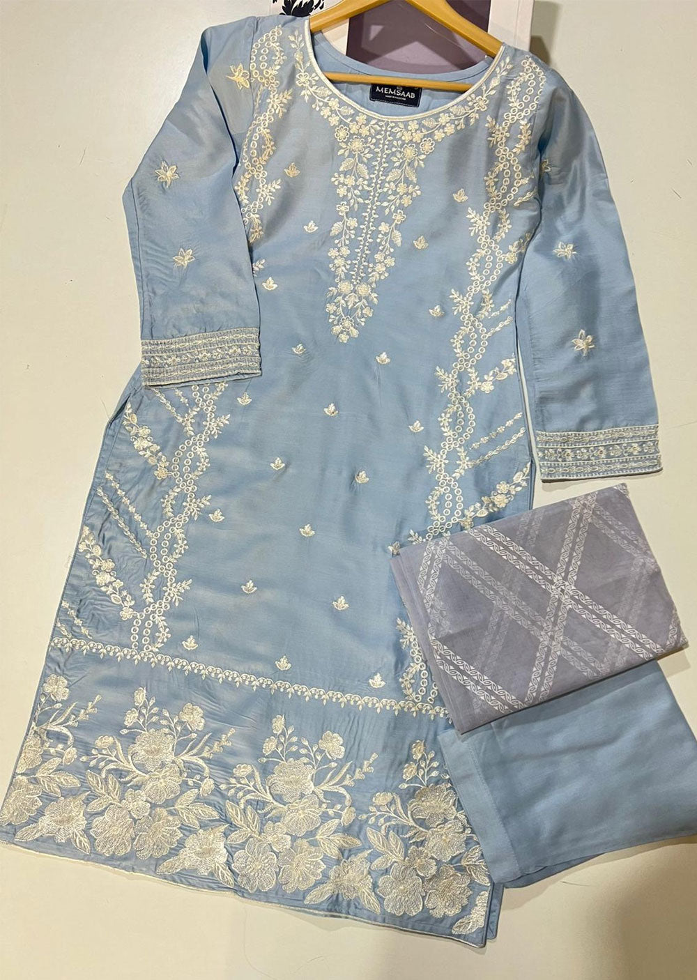 HK247 - Baby. Blue Readymade Linen Suit - Memsaab Online