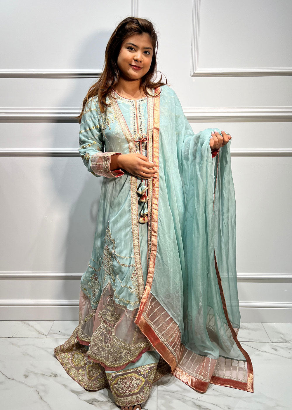 SJ-006 Baby Blue Readymade Fancy Chiffon Suit - Memsaab Online