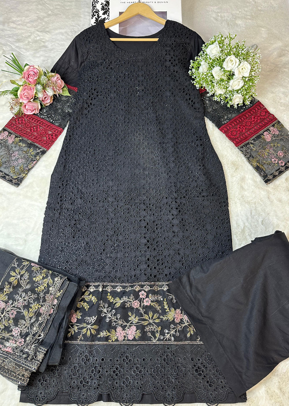 ANI101 Black readymade Chickenkari Suit - Memsaab Online