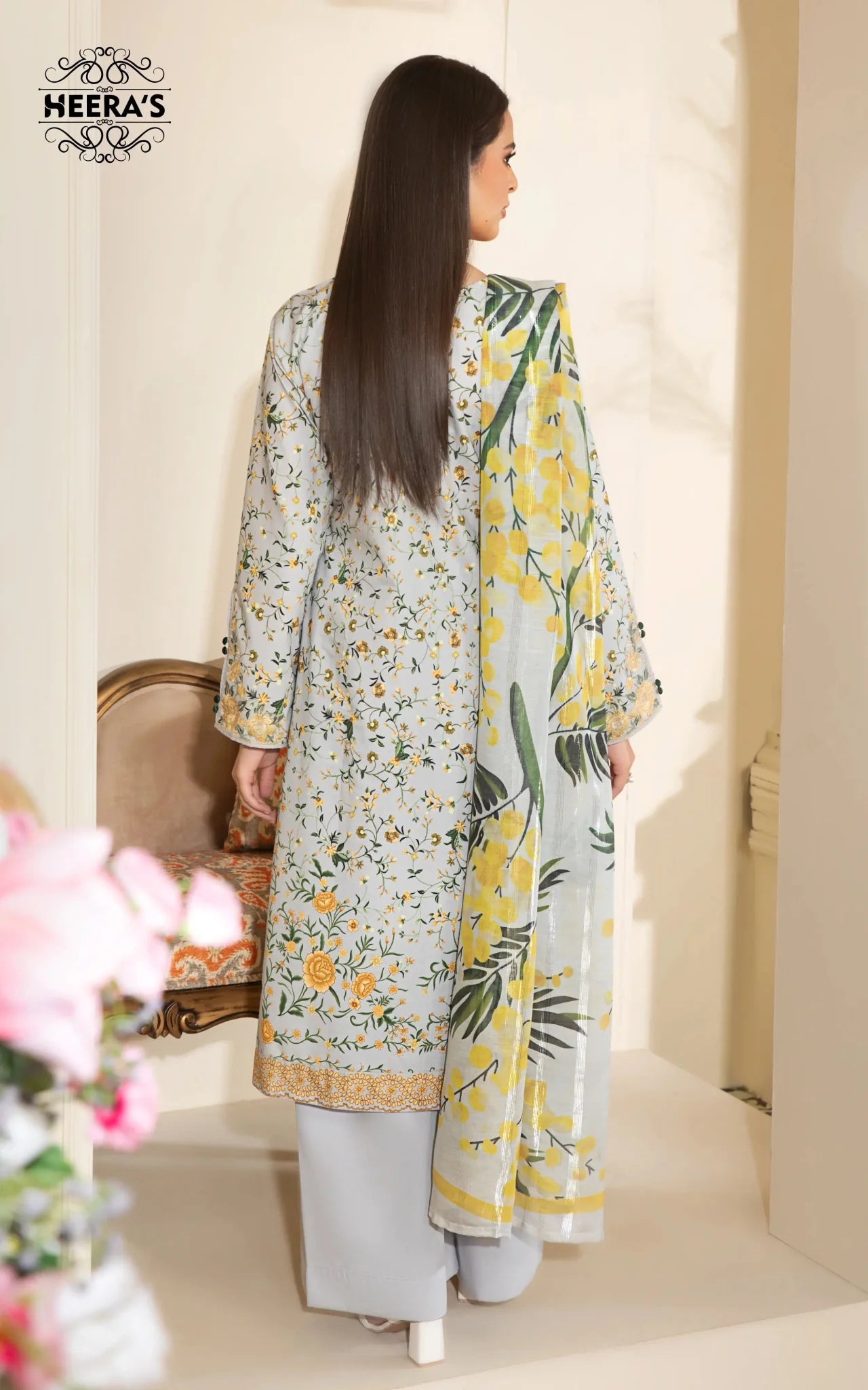 HSS-347- Readymade BEIGE CELESTIAL PRINT Heeras Suit - Memsaab Online