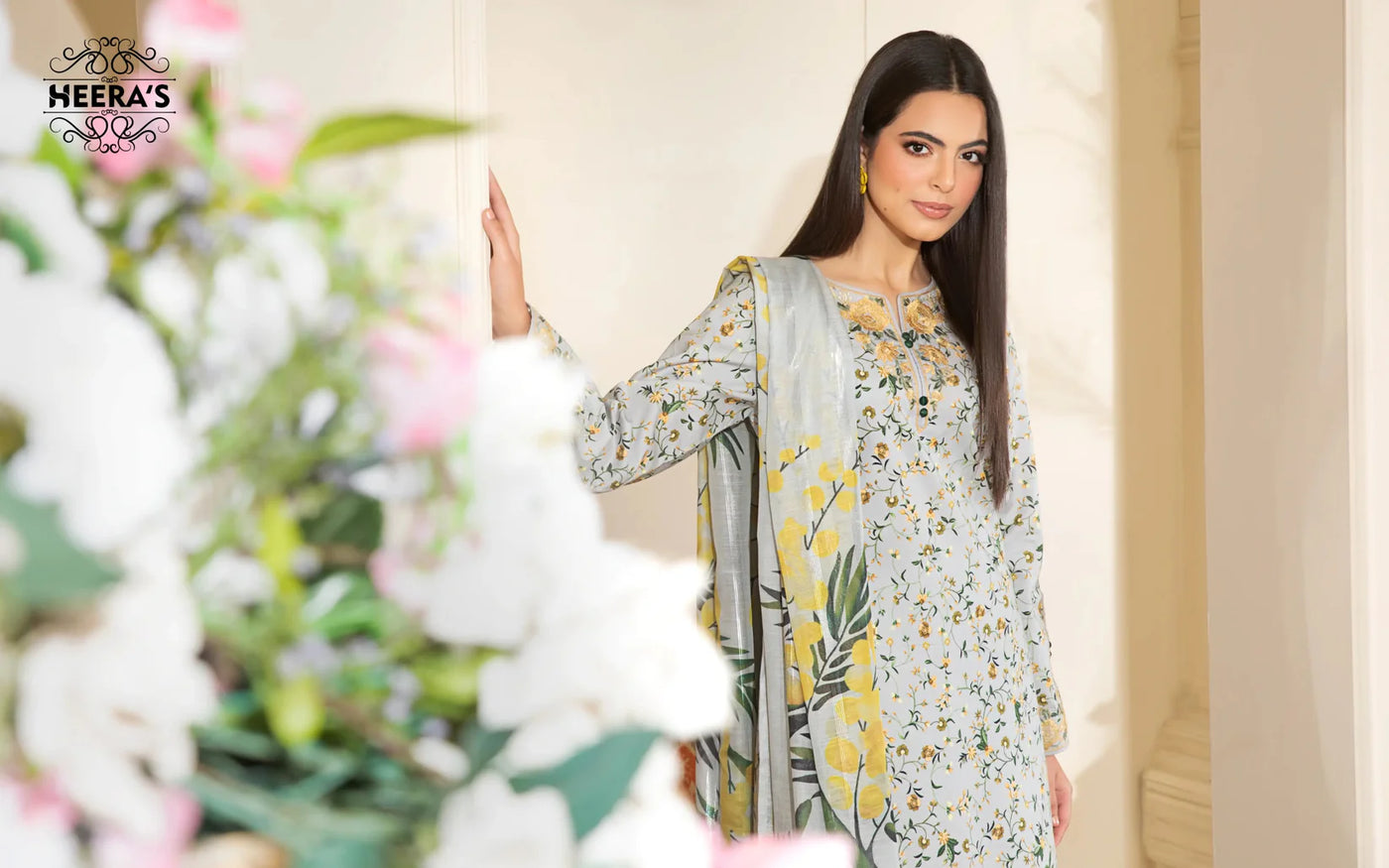 HSS-347- Readymade BEIGE CELESTIAL PRINT Heeras Suit - Memsaab Online