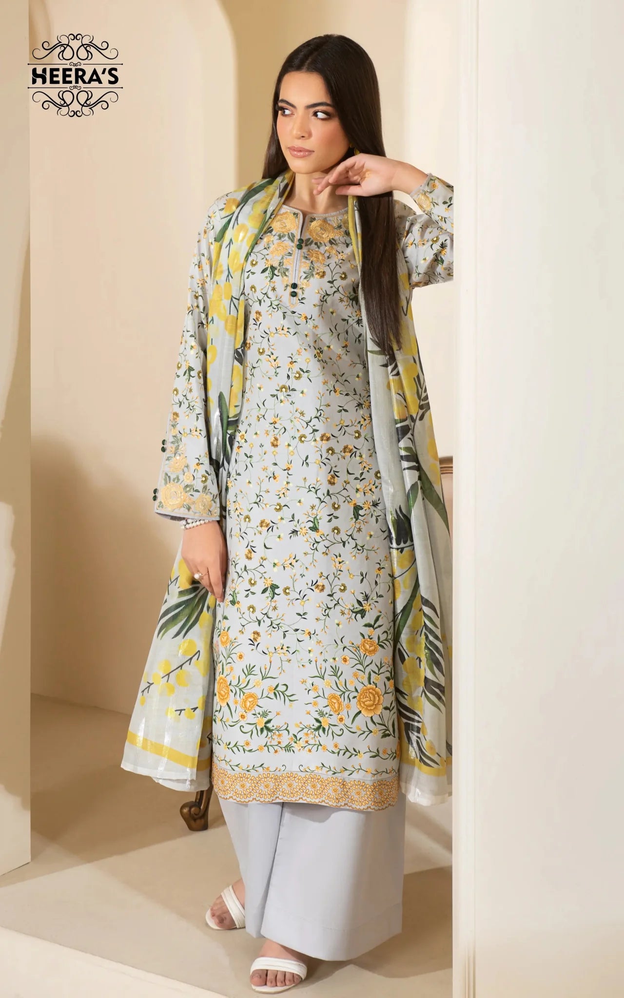HSS-347- Readymade BEIGE CELESTIAL PRINT Heeras Suit - Memsaab Online