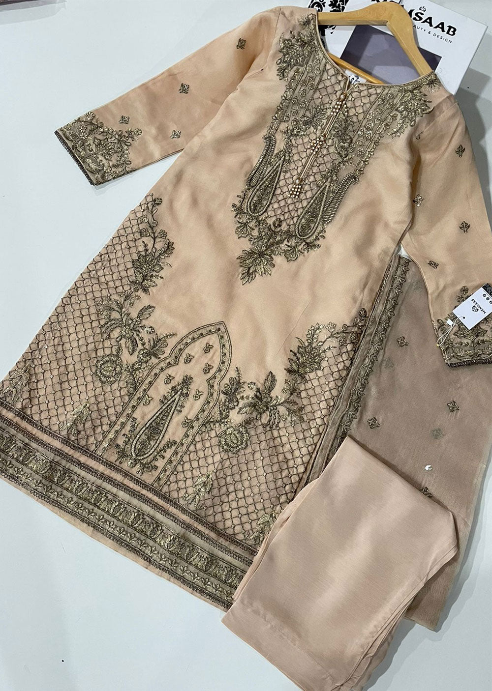 KLD324 Myra - Beige Readymade Cotton net suit - Memsaab Online