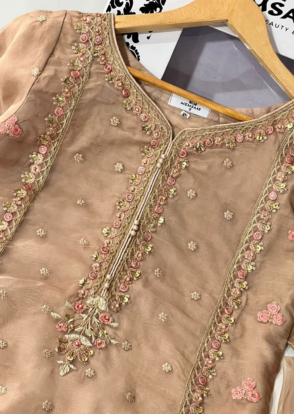 KLD321 Leem - Beige Readymade Organza Suit - Memsaab Online