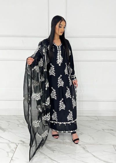 HK283 - Resha - Black Mother & Daughter Linen Double Layer Suit - Memsaab Online