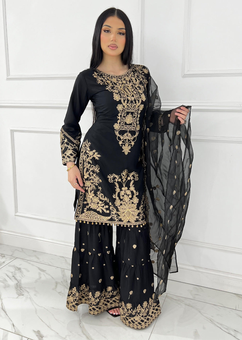 HK282 - Suba - Black Linen Shararah Suit - Memsaab Online