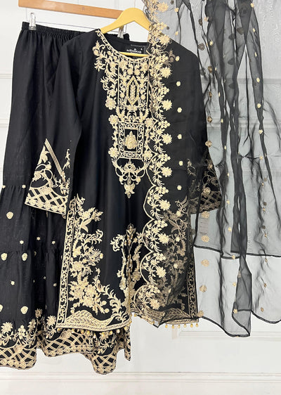 HK282 - Suba - Black Linen Shararah Suit - Memsaab Online