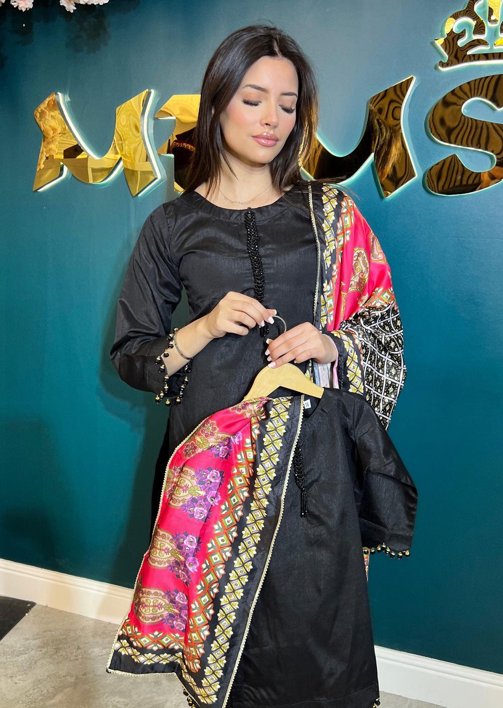 HK265 Zarora - Black Readymade Raw Silk Mummy n Me Suit - Memsaab Online