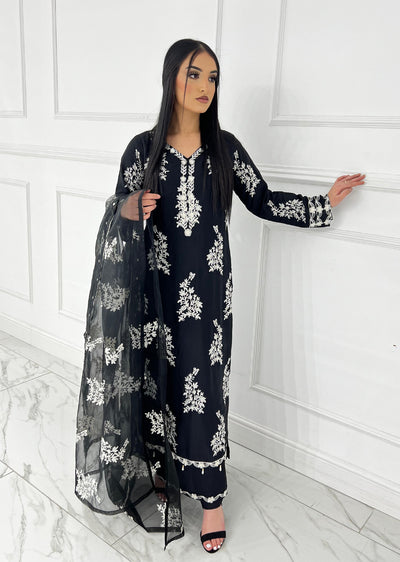 HK283 - Resha - Black Mother & Daughter Linen Double Layer Suit - Memsaab Online