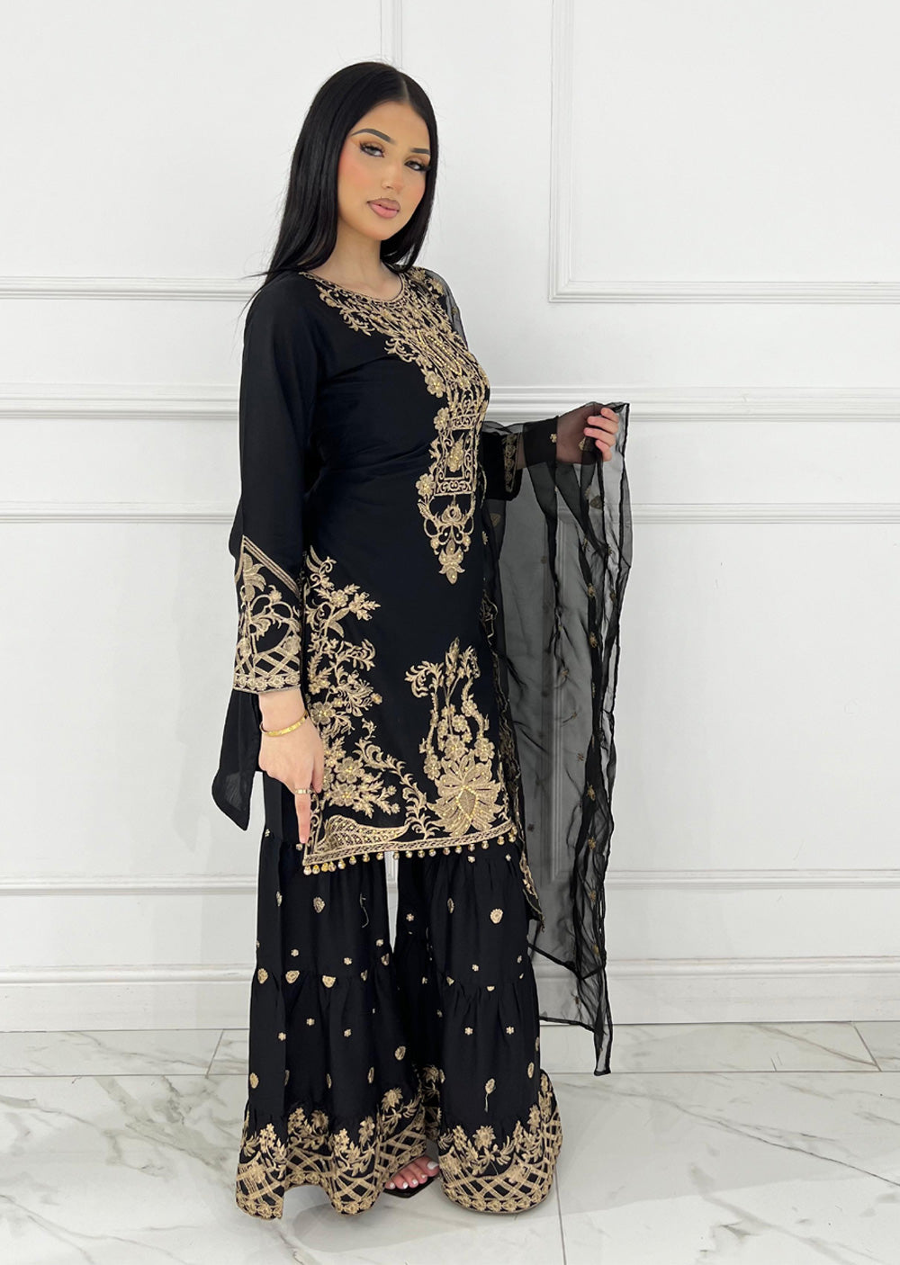 HK282 - Suba - Black Linen Shararah Suit - Memsaab Online