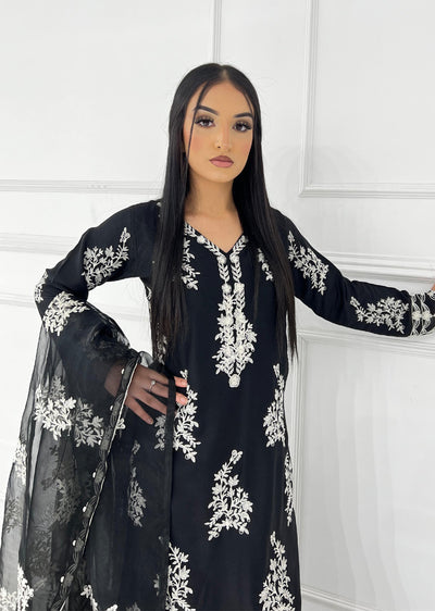 HK283 - Resha - Black Mother & Daughter Linen Double Layer Suit - Memsaab Online