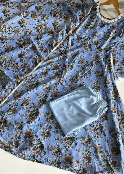 ASF9001 Aysha Readymade Blue Printed Gown - Memsaab Online