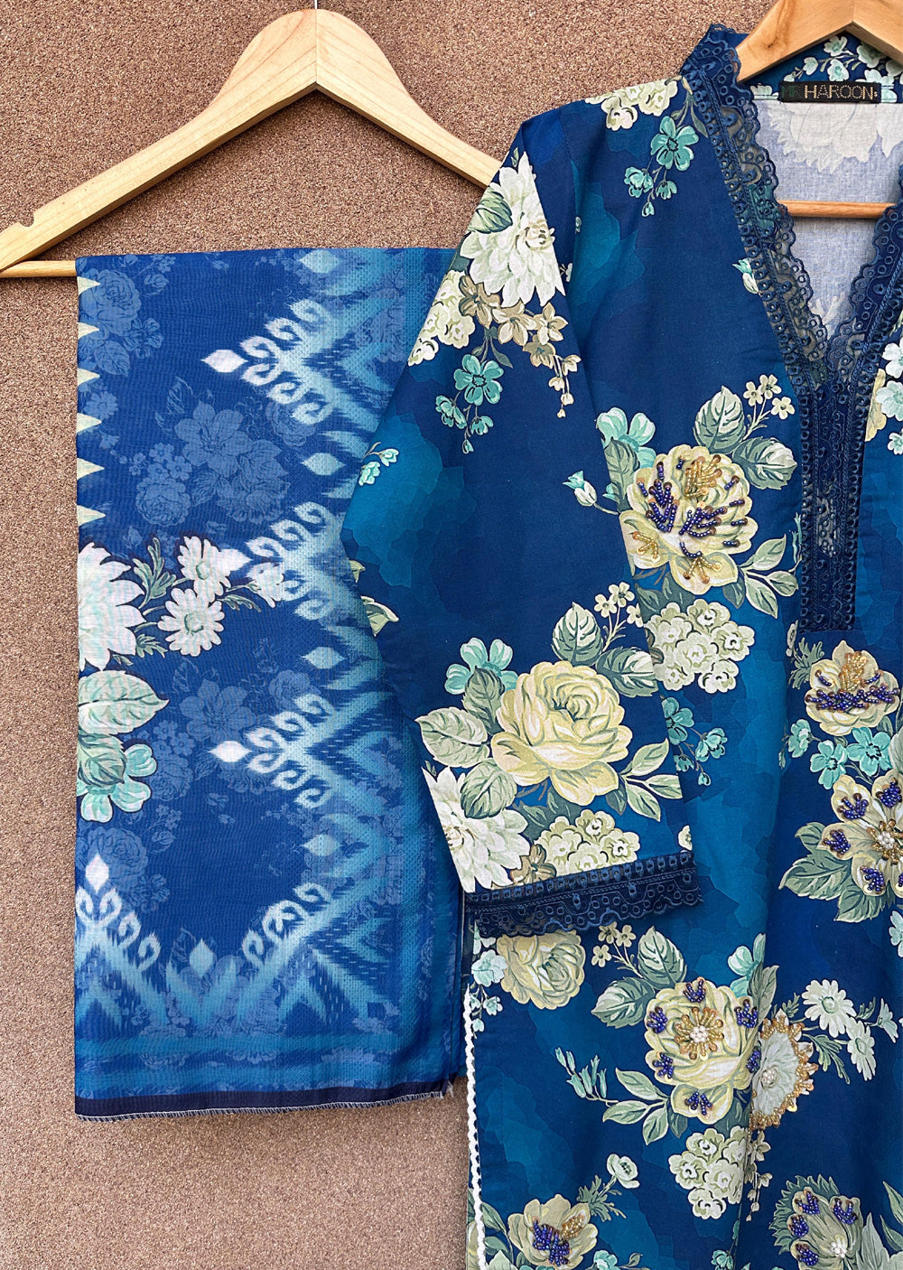 HNR-01 - Navy - Readymade - Haroon Cotton Printed Suit 2025 - Memsaab Online