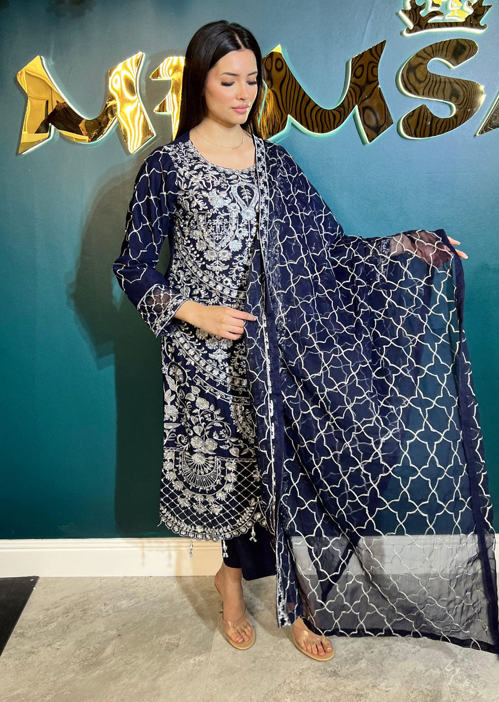 SLM607 Raina - Readymade Navy Chiffon Outfit - Memsaab Online