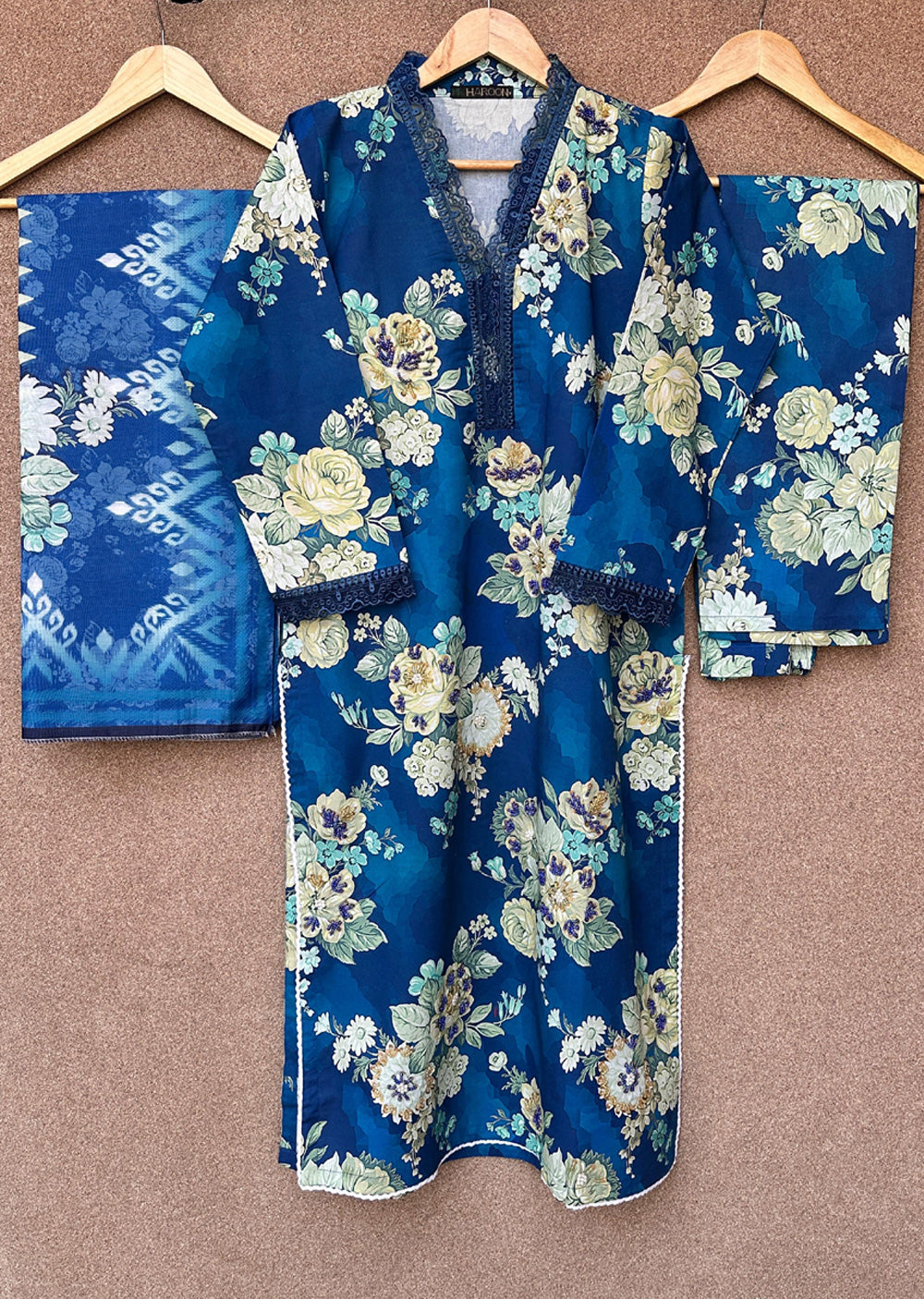 HNR-01 - Navy - Readymade - Haroon Cotton Printed Suit 2025 - Memsaab Online