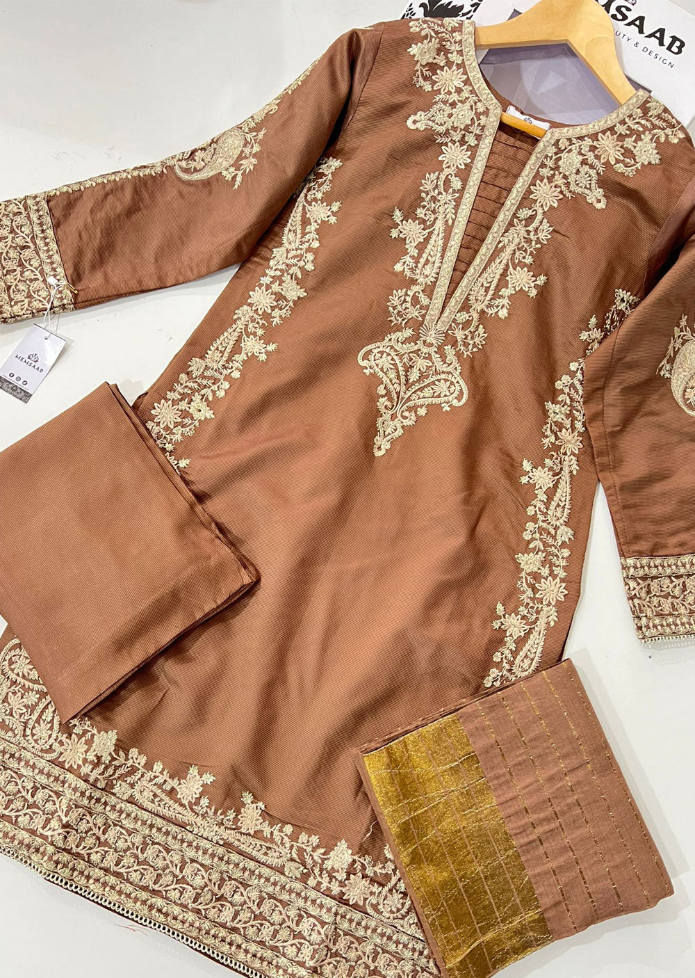 KLD305 Gulnar - Brown Readymade Khadi Net Suit - Memsaab Online