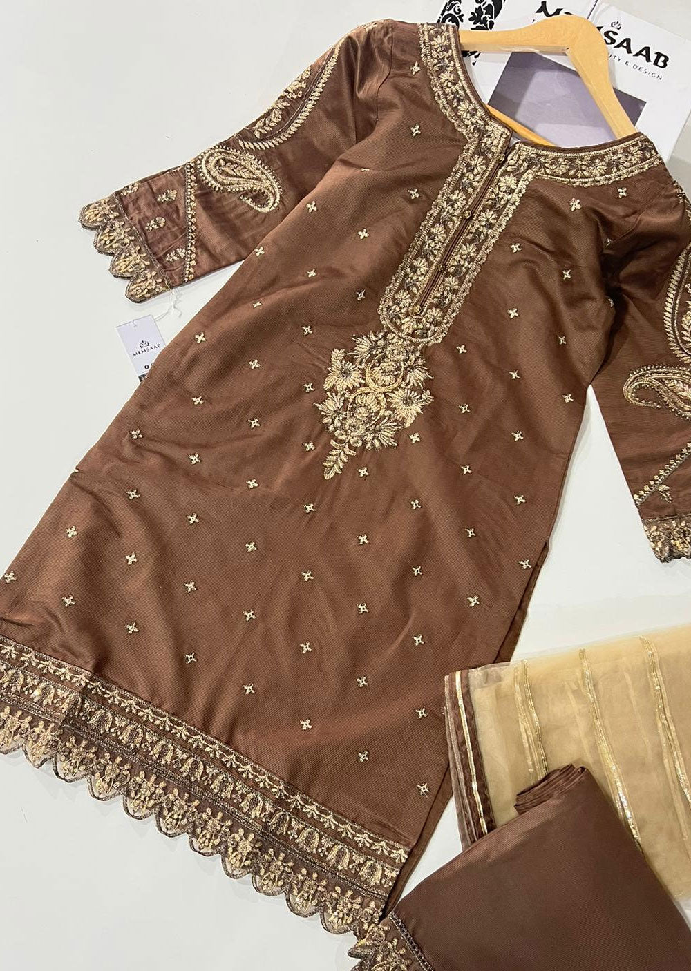 KLD317 Hoor - Brown Readymade Khadi Net Suit - Memsaab Online